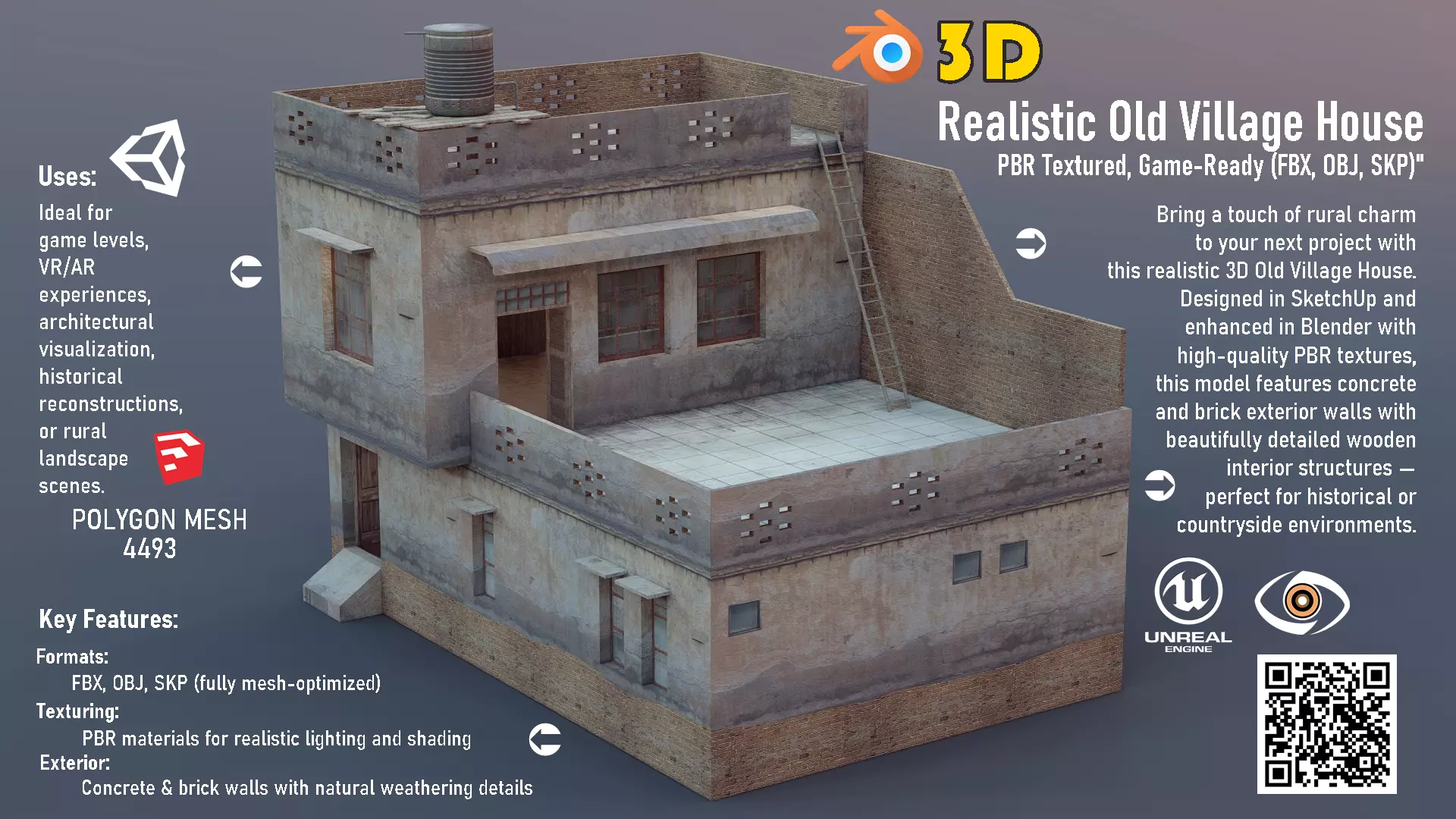 Realistic Old Village House PBR Textured Low-poly 3D model