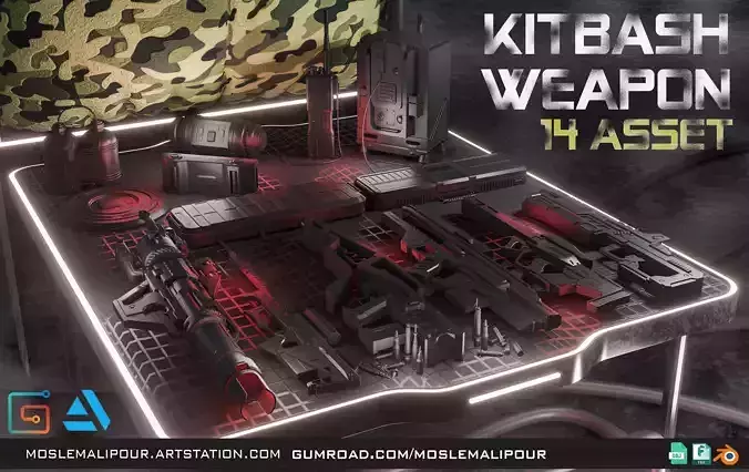14 ASSET WEAPON KITBASH HARDSURFACE GAME ASSET