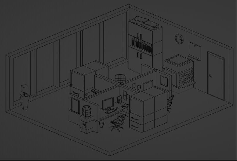 Low poly office with desk and chairs Low-poly 3D model_3