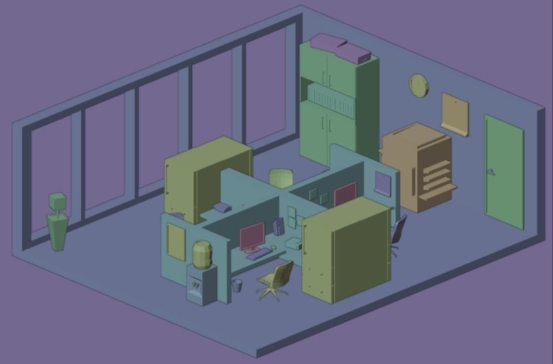Low poly office with desk and chairs Low-poly 3D model_2