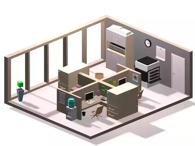 Low poly office with desk and chairs