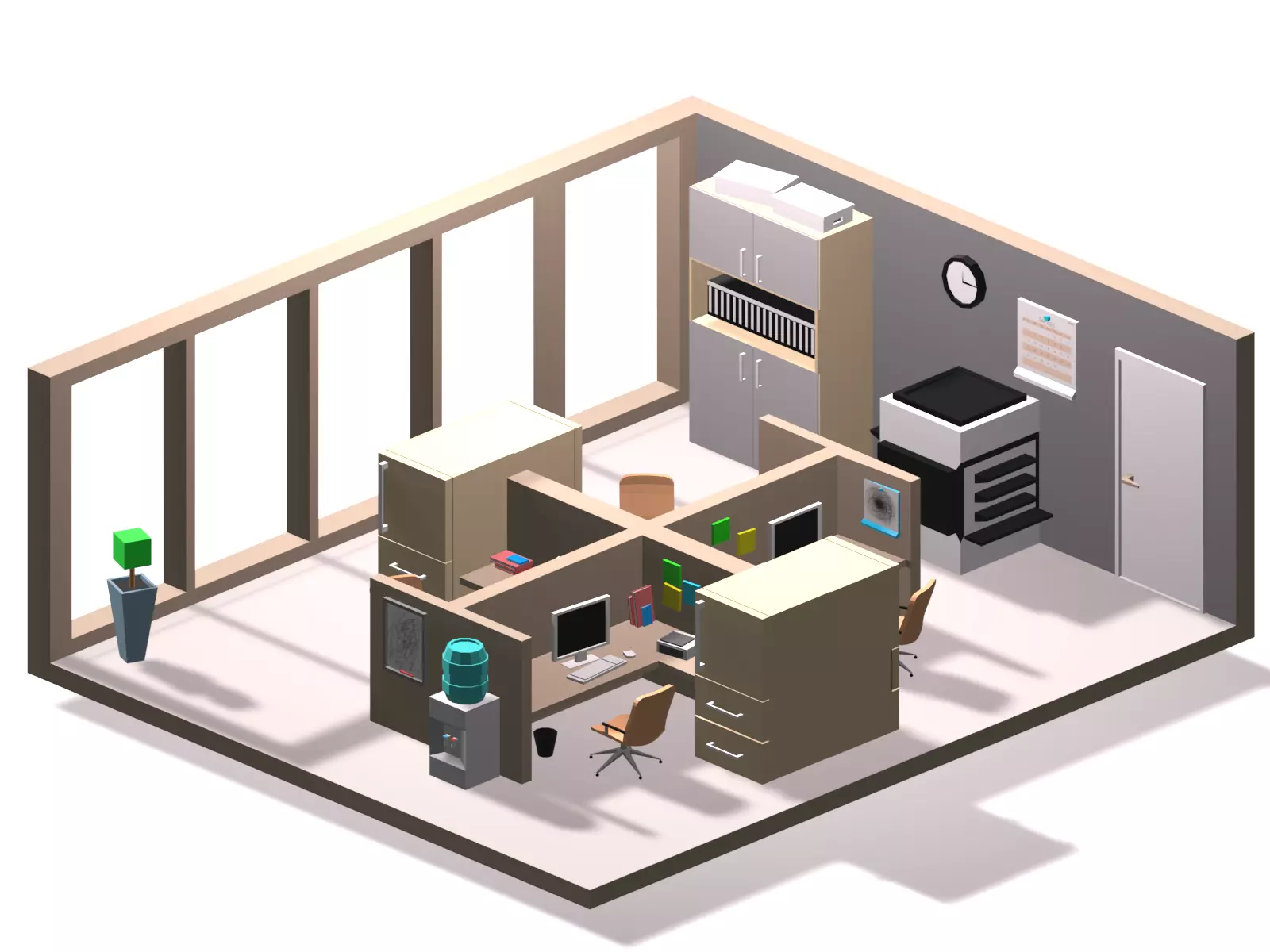 Low poly office with desk and chairs Low-poly 3D model_0