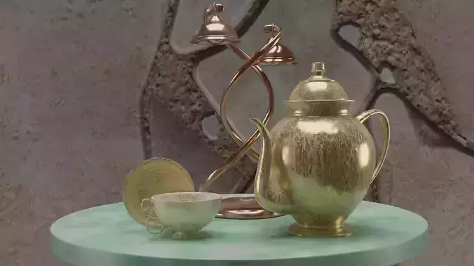 Tea couple from old cupronickel under a copper lamp