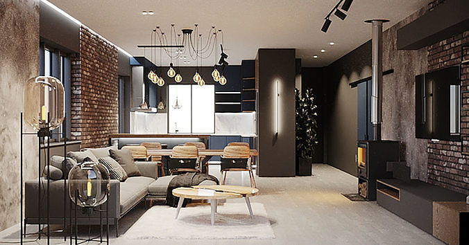 Kitchen and Lounge Loft Style 2017 3D Scene 3D model