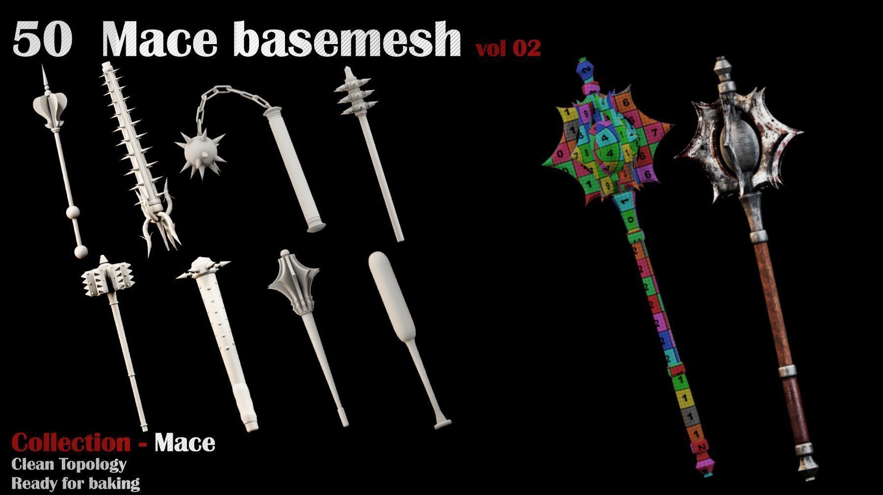 50 Mace Basemesh vol 02 Game Ready Low-poly 3D model_1