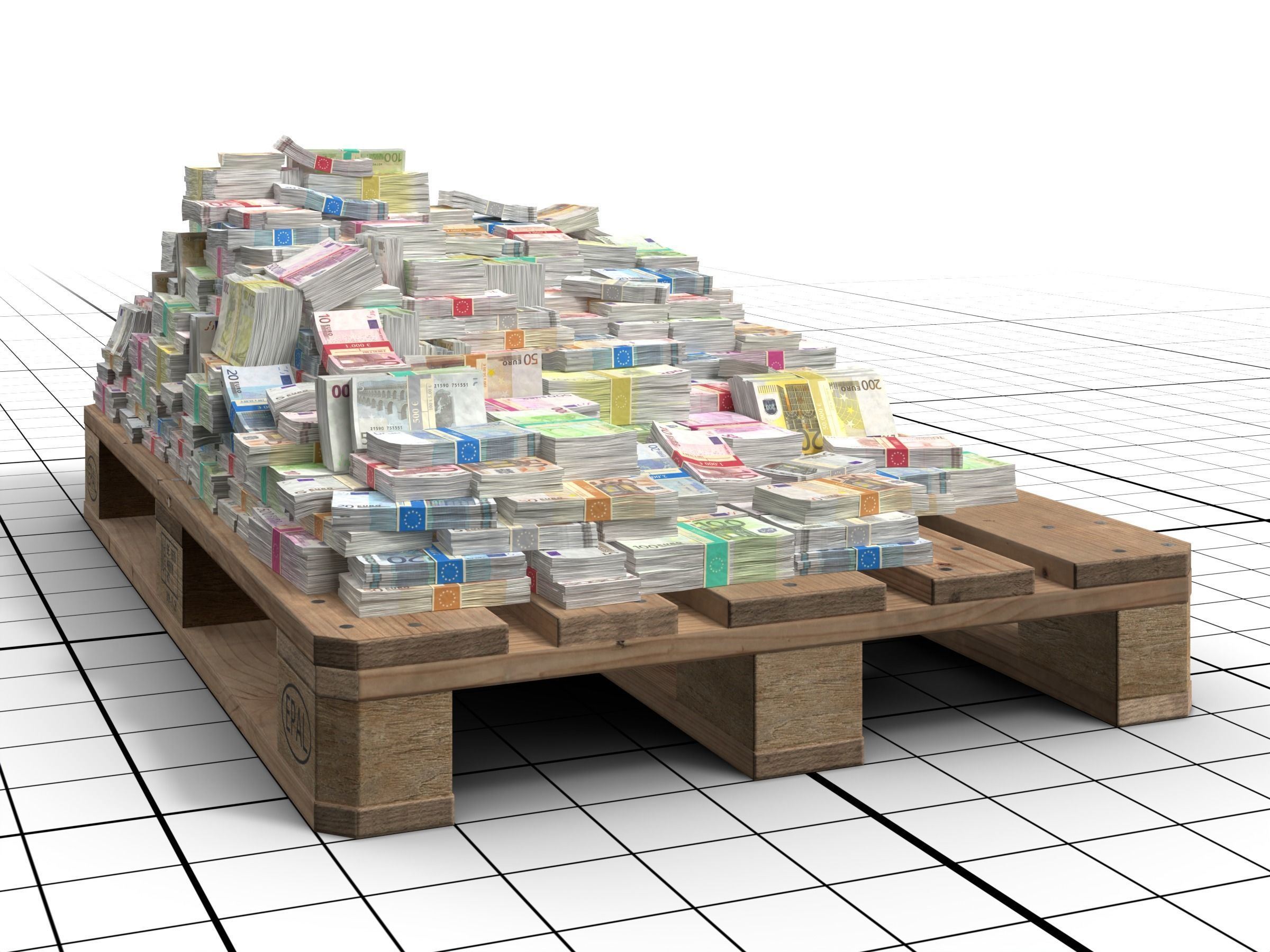 Euro Money Banknotes piled on Europalette Low-poly 3D model_2