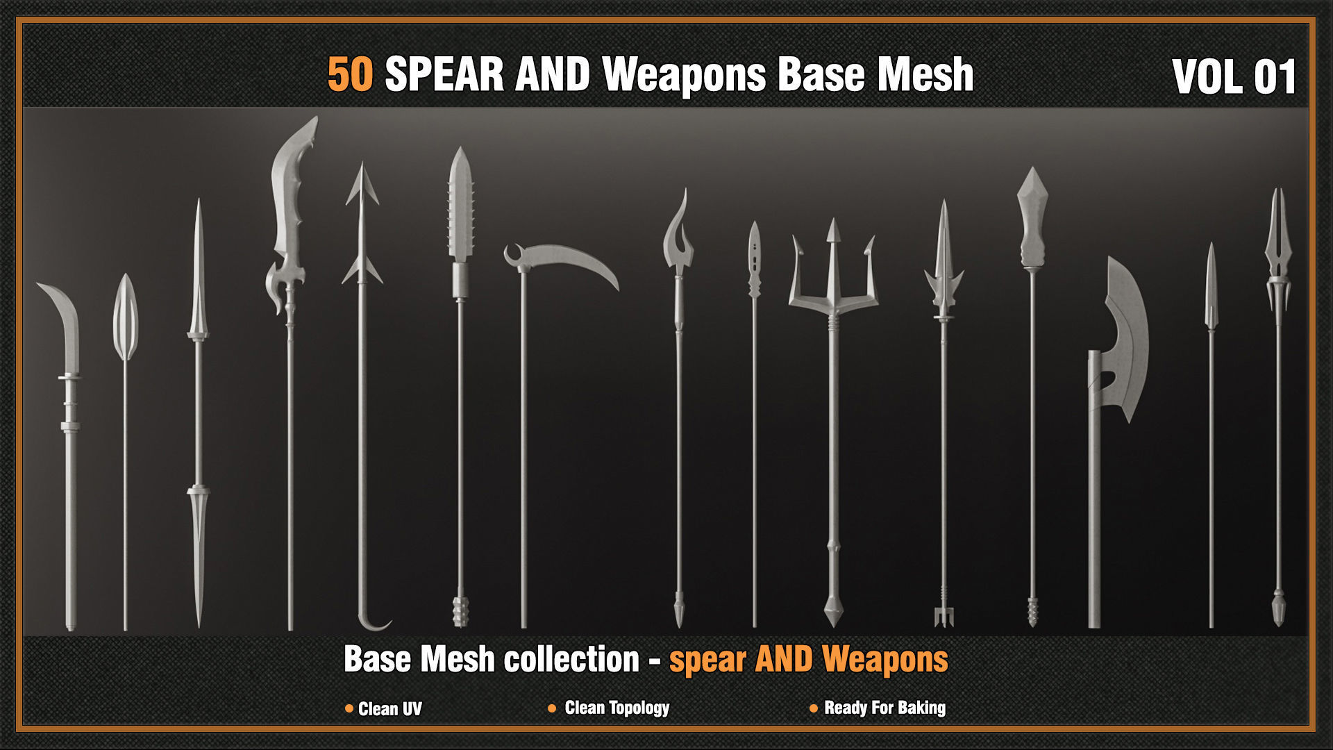 50 SPEAR AND Weapons Base Mesh - VOL 01- Game Ready Low-poly 3D model_4