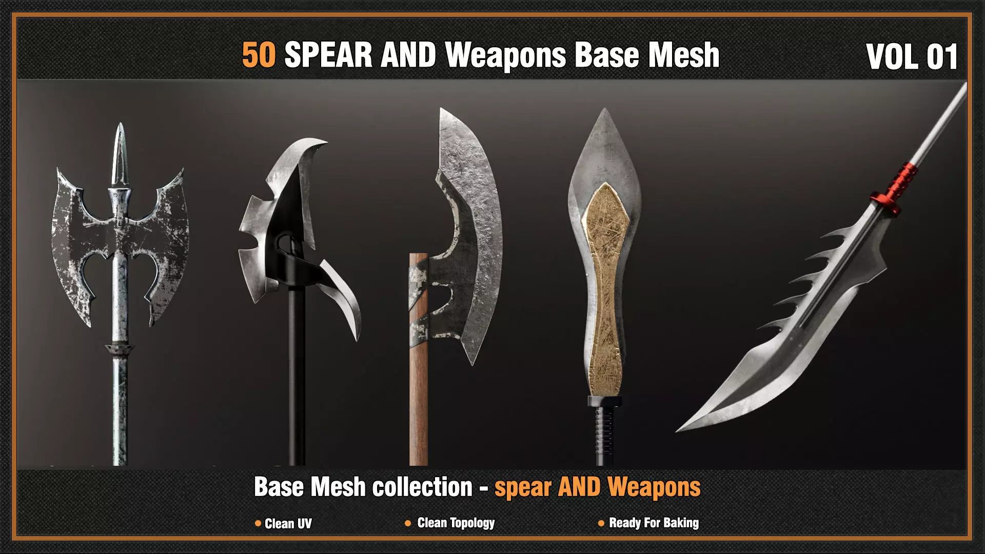 50 SPEAR AND Weapons Base Mesh - VOL 01- Game Ready Low-poly 3D model_0