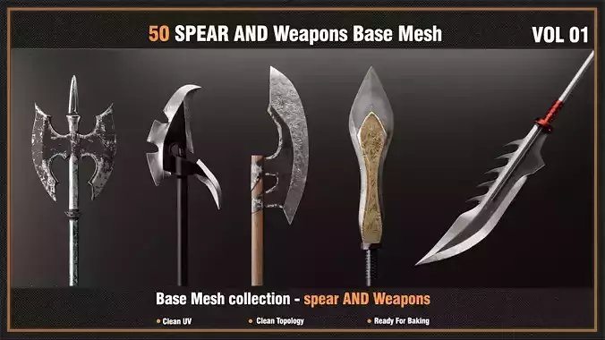 50 SPEAR AND Weapons Base Mesh - VOL 01-  Game Ready 