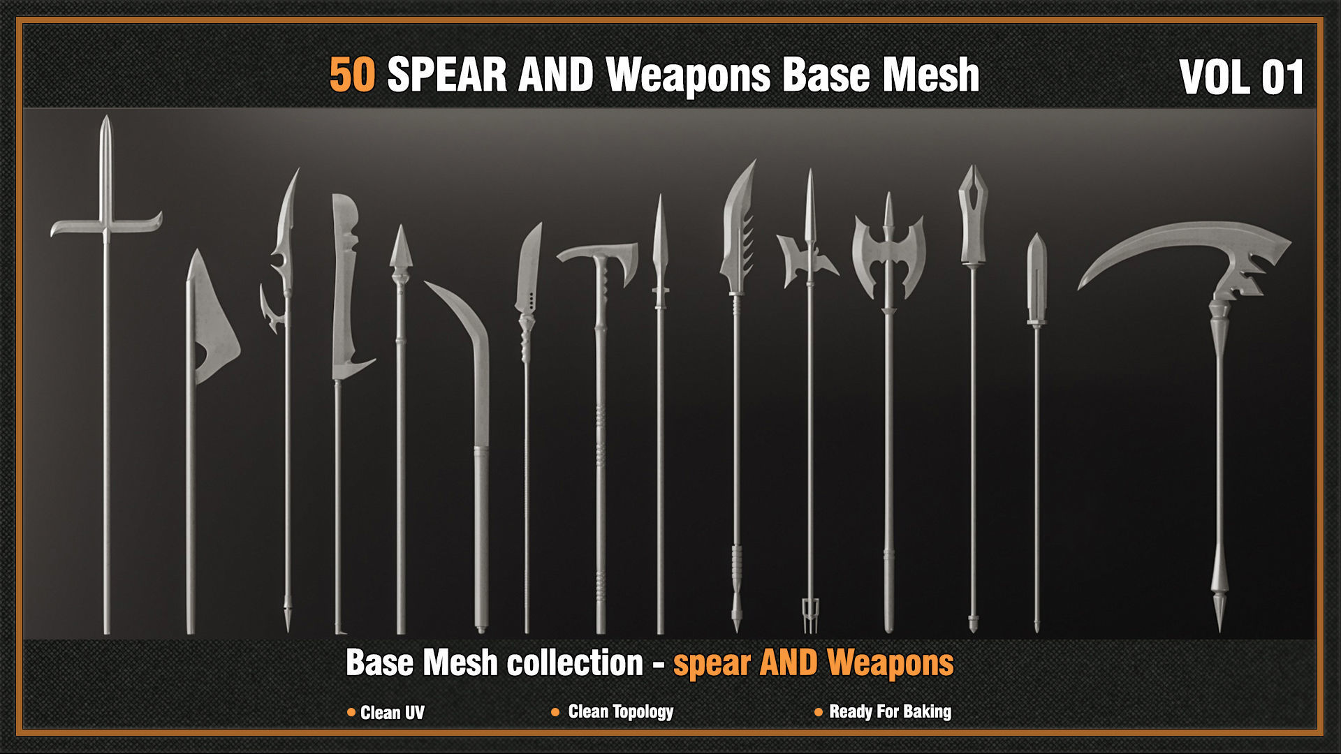 50 SPEAR AND Weapons Base Mesh - VOL 01- Game Ready Low-poly 3D model_3