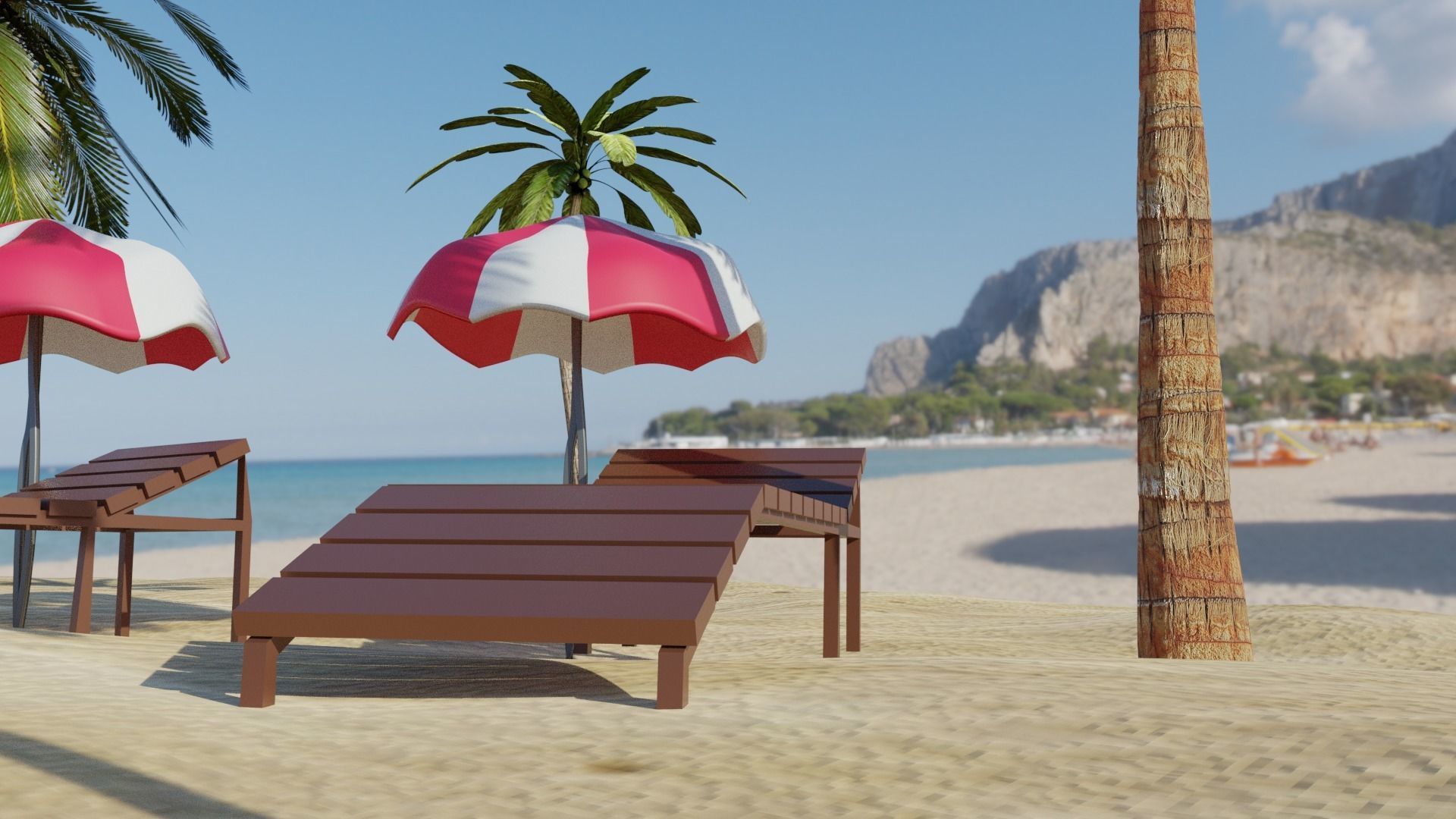 Beach with palm trees and chairs 3D model_1