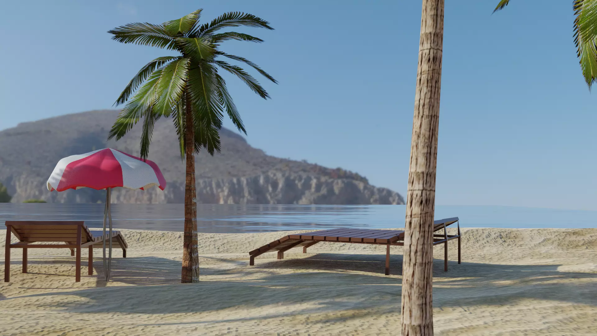Beach with palm trees and chairs 3D model_0