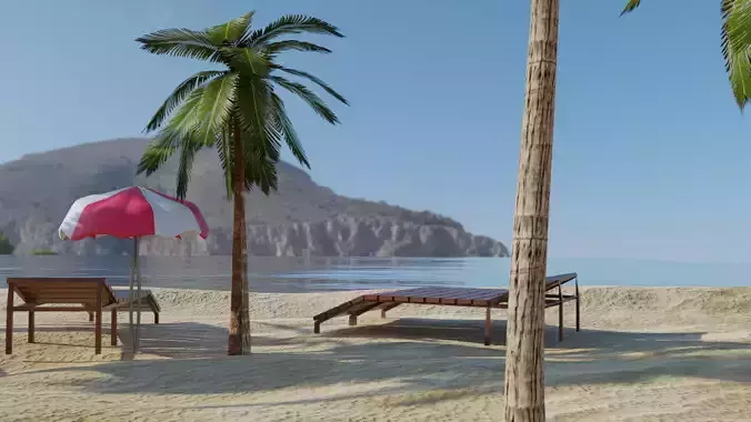 Beach with palm trees and chairs