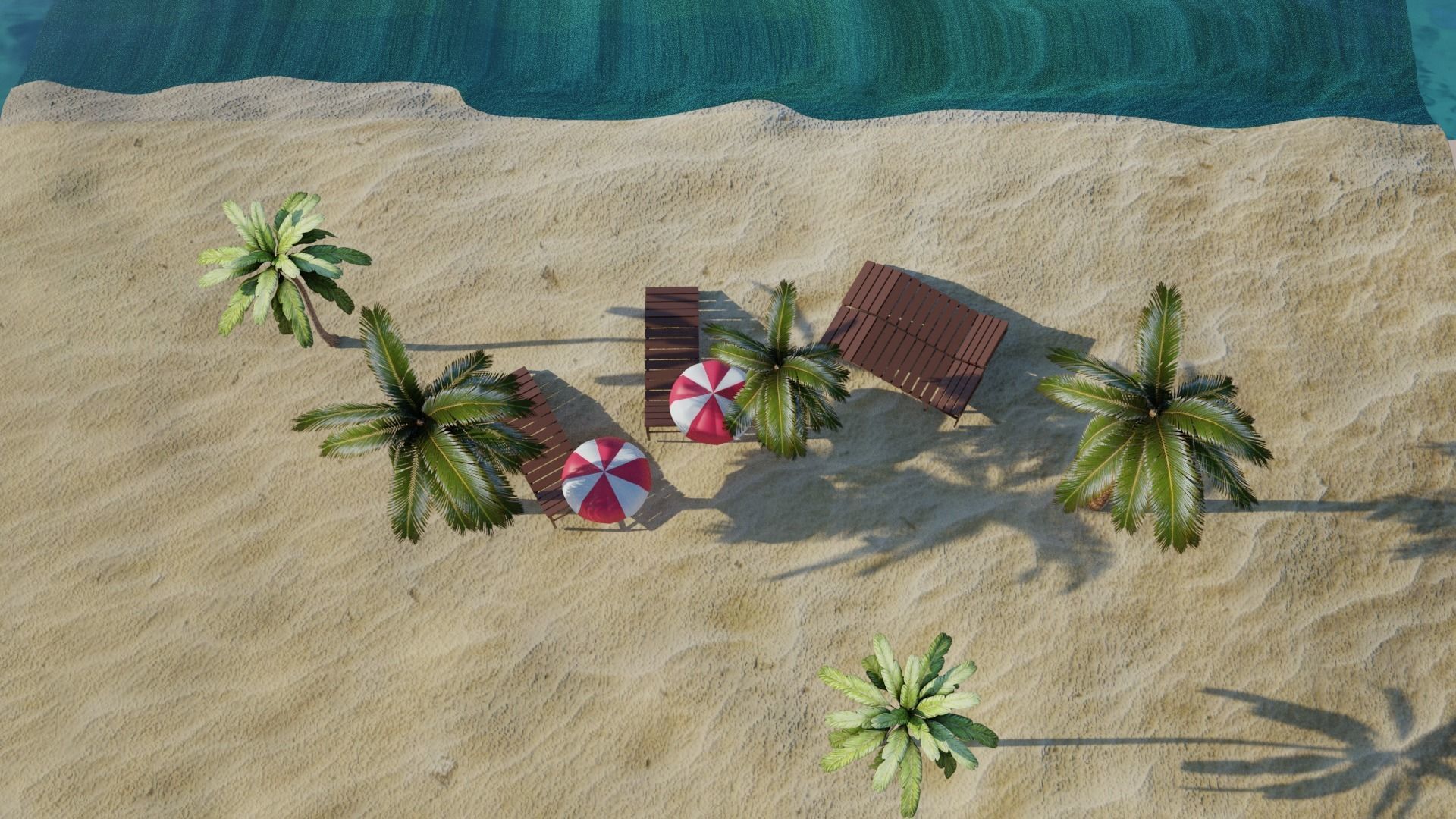 Beach with palm trees and chairs 3D model_3