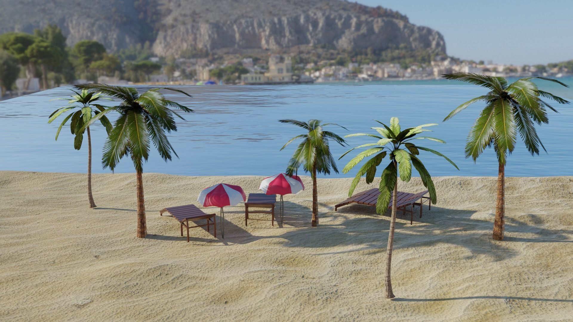 Beach with palm trees and chairs 3D model_2