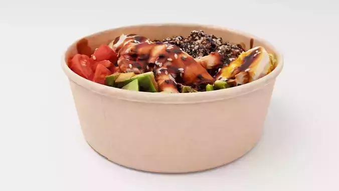 Poke bowl with striped prawn or caramote prawn tomato avocado