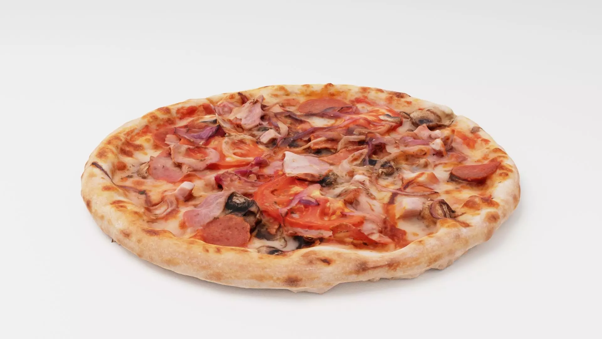 Pizza with tomatoes salamy and meat 3D model_0