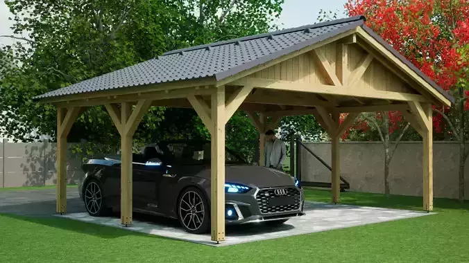 tiled wooden carport 5x6 m for render and game  3D model