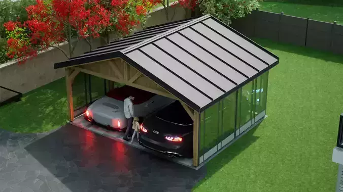sheet metal wooden carport 5x6 m for render and game 3D model