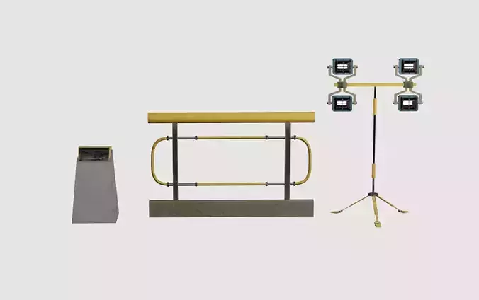 Trash Container with modular fence and construction spotlight 