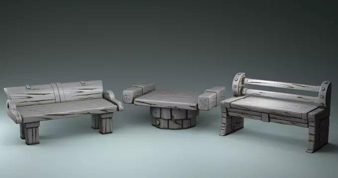 Benches three wooden 3D print model
