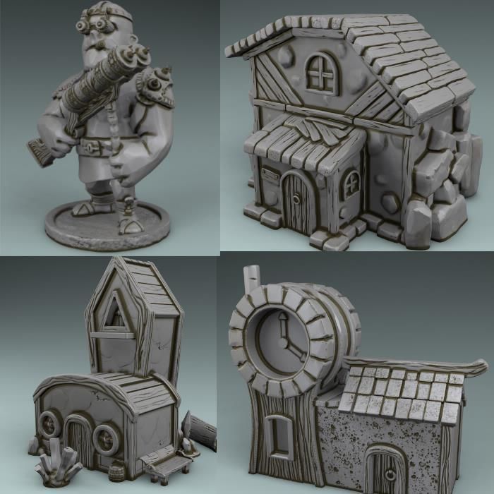 a set of houses and a gnome 3D print model_1