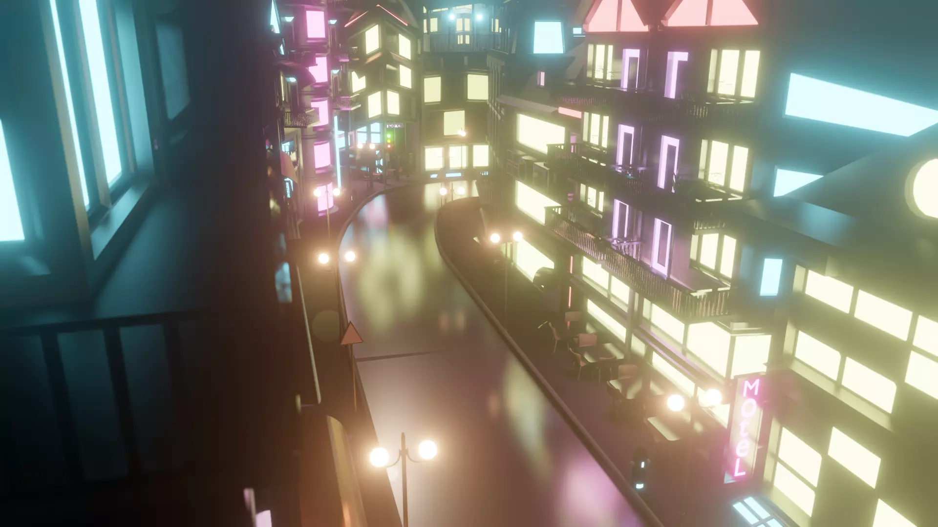 Low poly Street city at night with neon lights Free 3D model