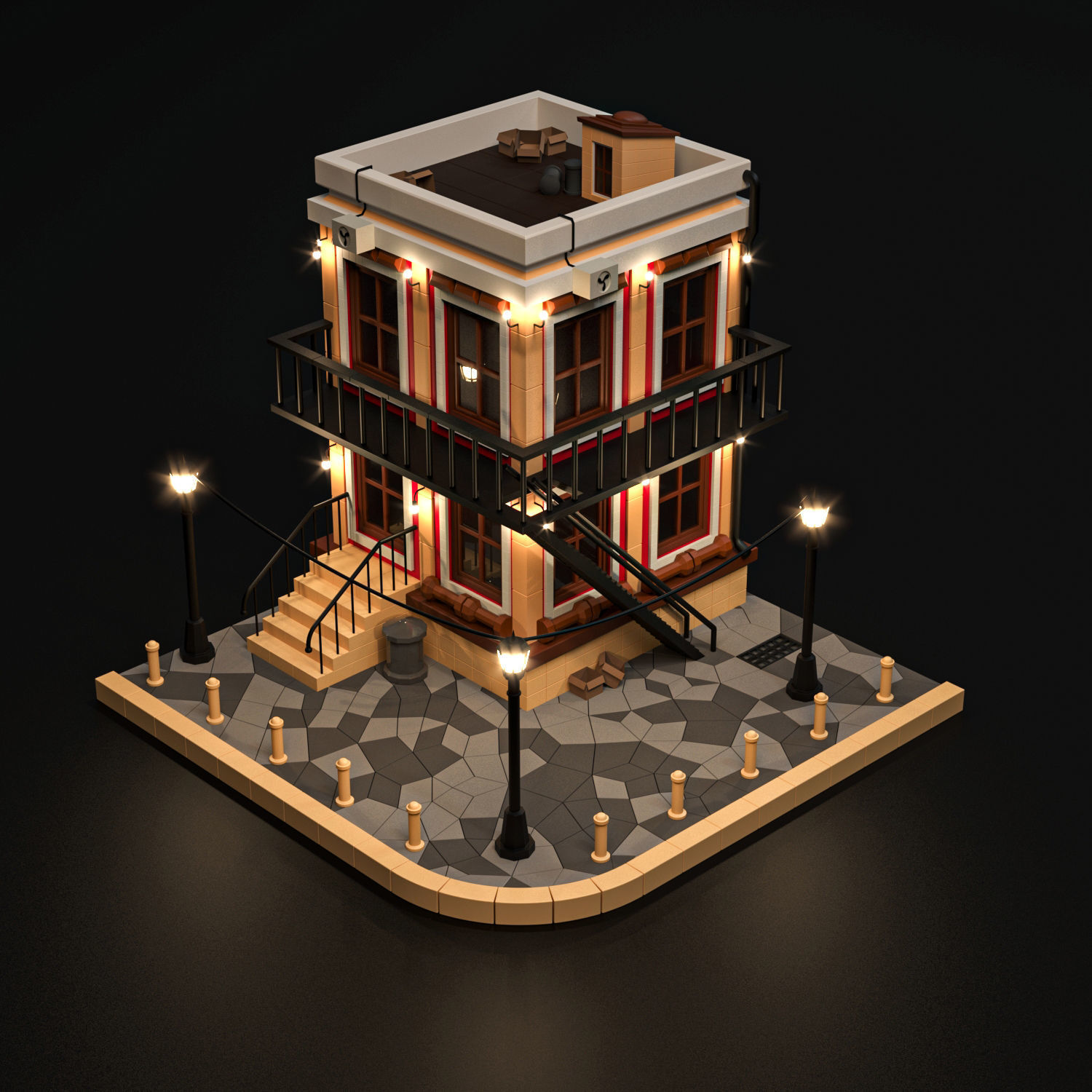 Low poly House lego with lights Low-poly 3D model_2