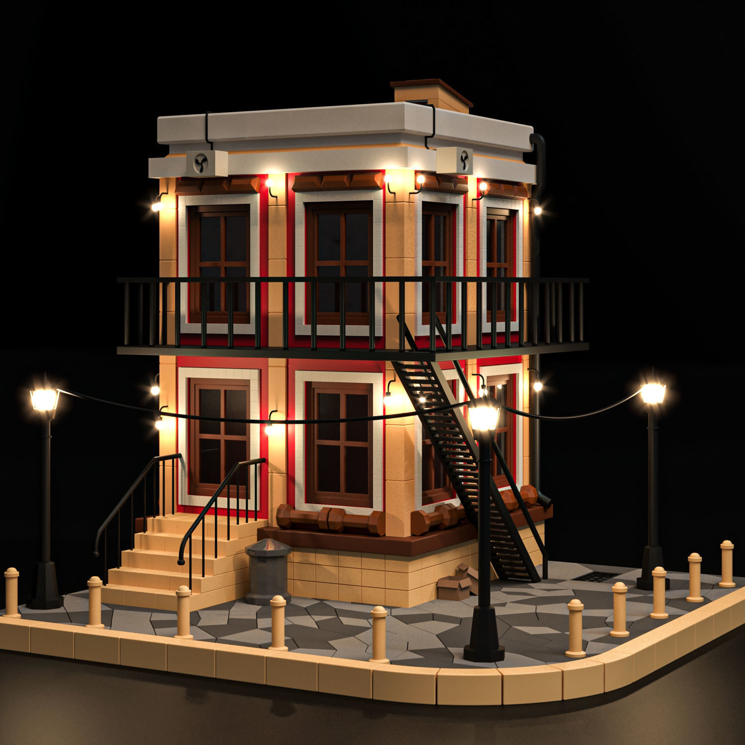 Low poly House lego with lights Low-poly 3D model_3
