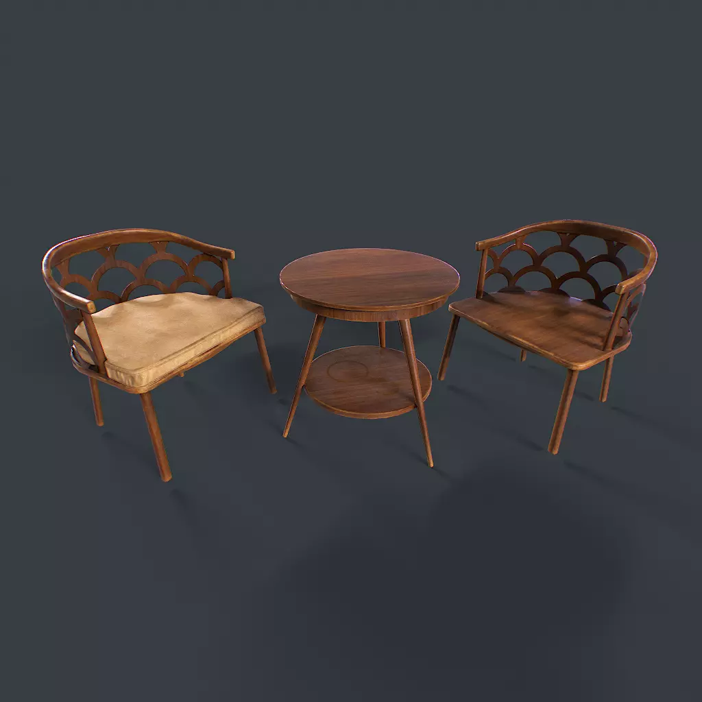 Retro Table and chair Low-poly 3D model_0