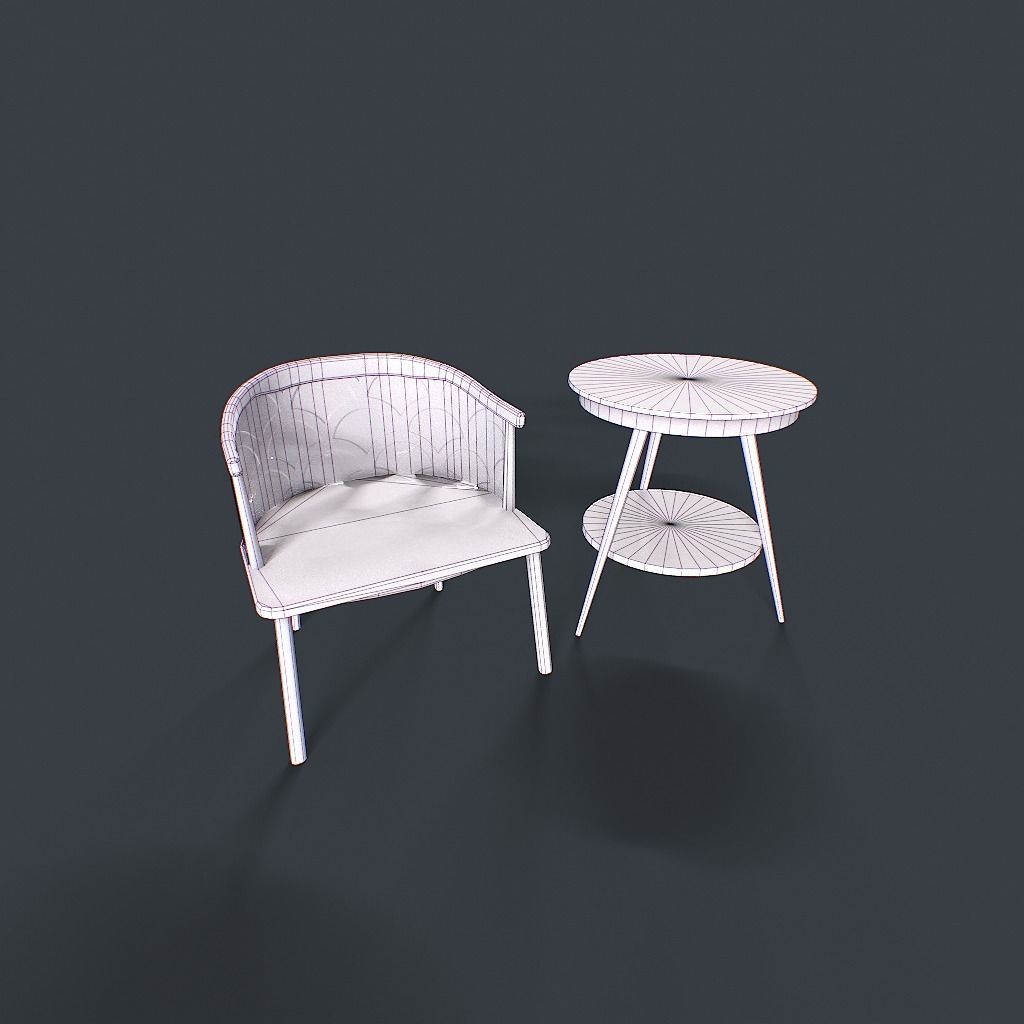 Retro Table and chair Low-poly 3D model_33