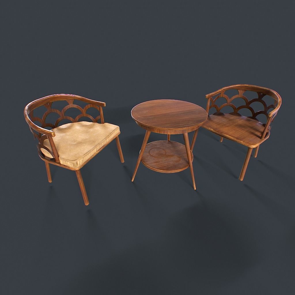 Retro Table and chair Low-poly 3D model_3
