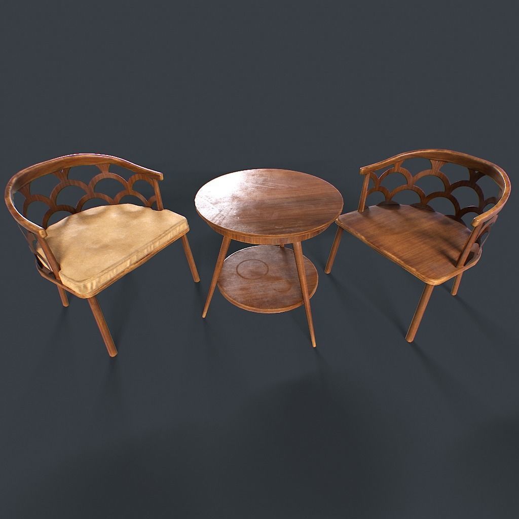 Retro Table and chair Low-poly 3D model_6