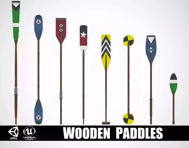 Set of 8 Painted Wooden Paddles Low-poly 3D model