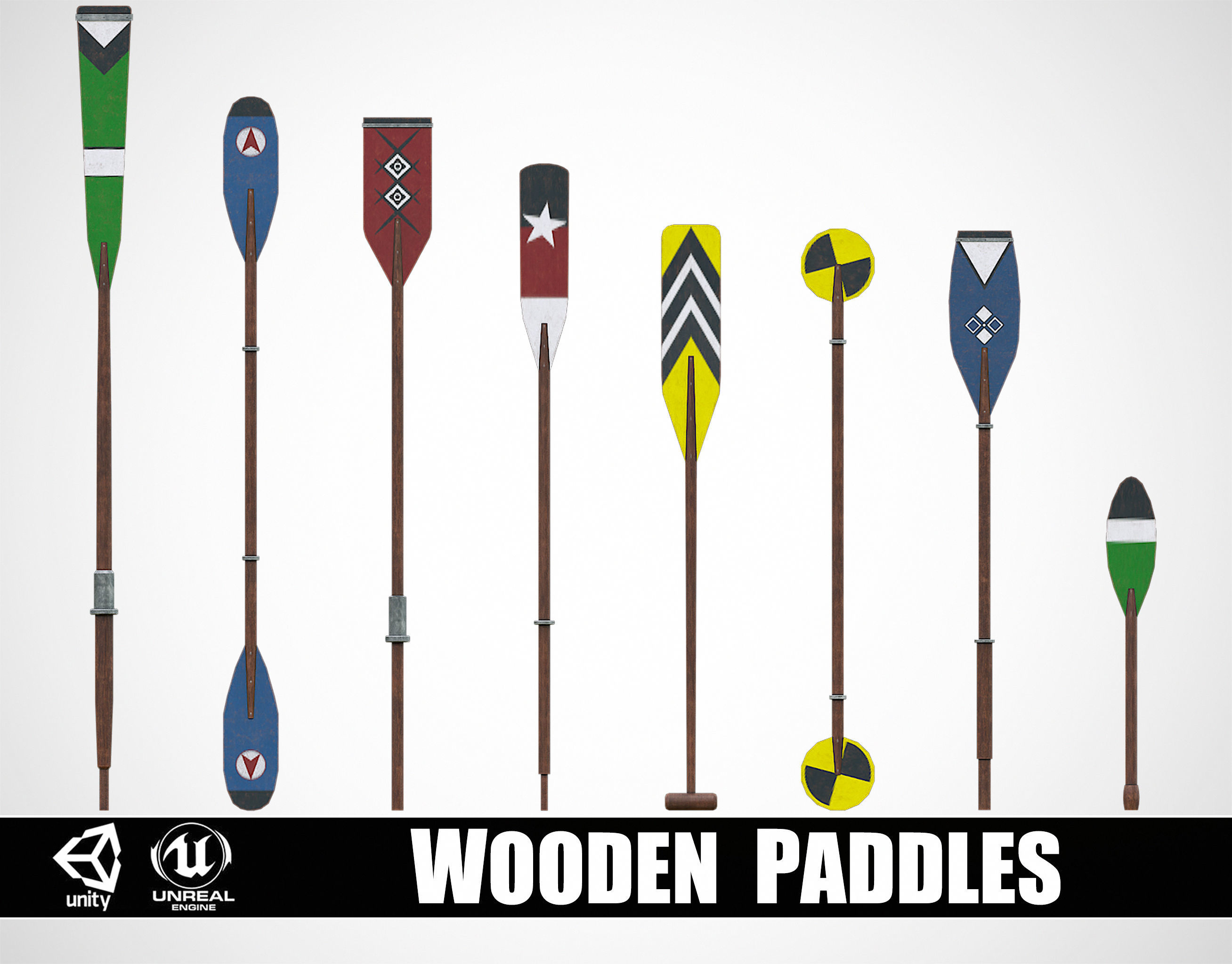 Set of 8 Painted Wooden Paddles Low-poly 3D model_0