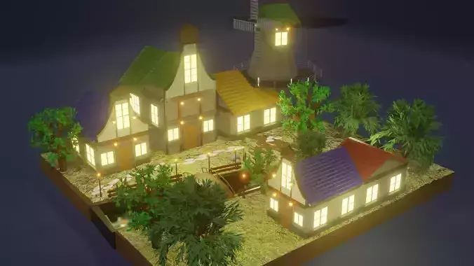 windy village Low-poly 3D model