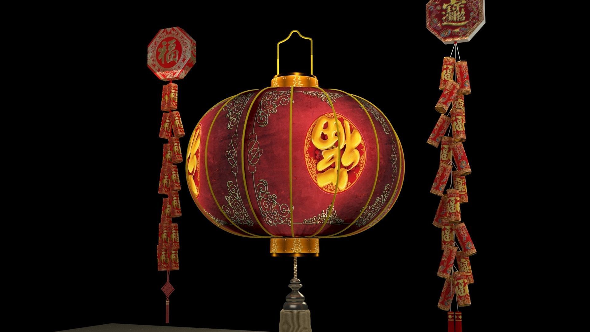 Chinese red lantern anf fire cracker 3D model_1