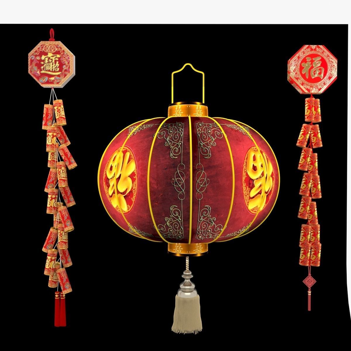 Chinese red lantern anf fire cracker 3D model_7