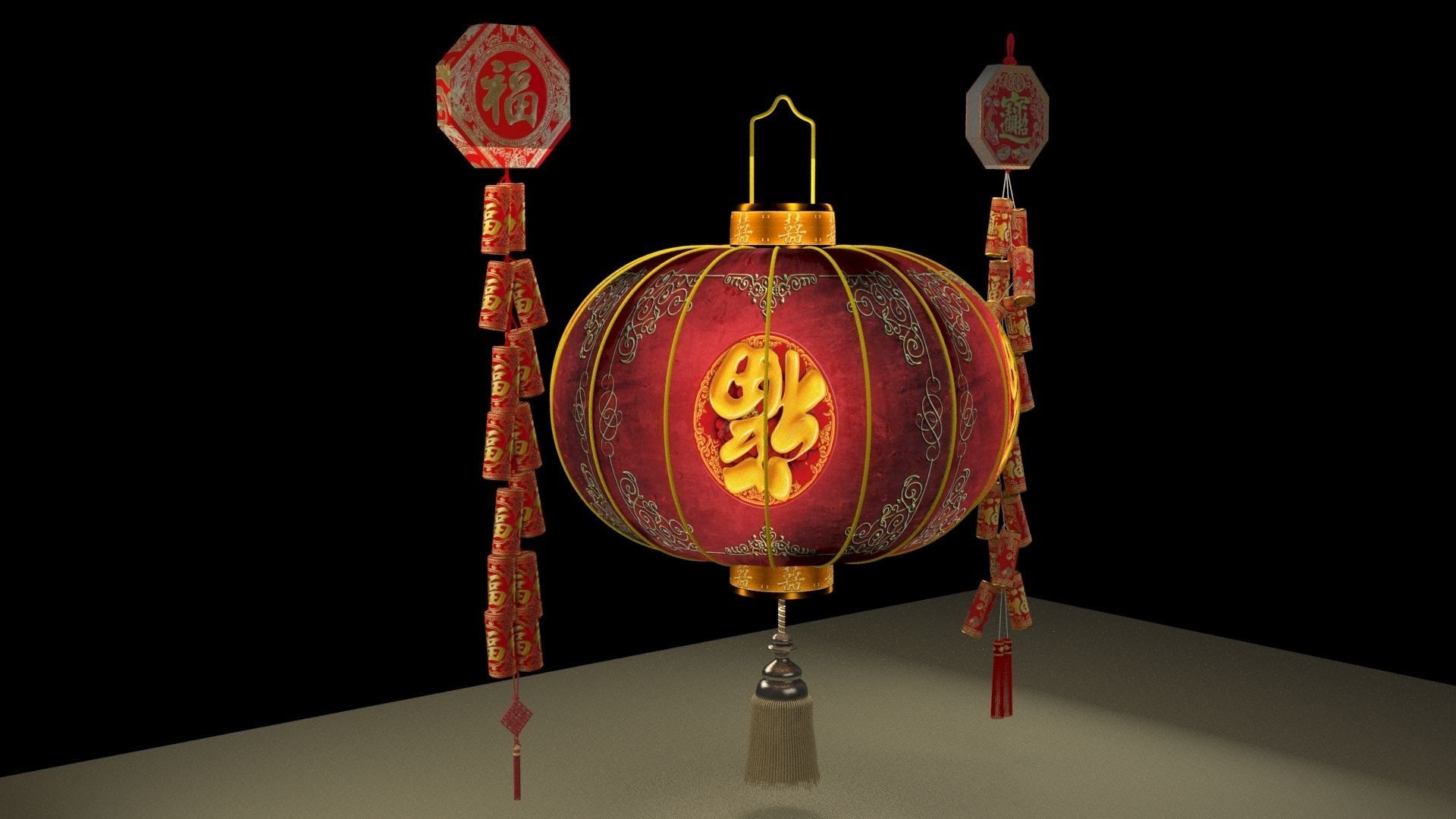 Chinese red lantern anf fire cracker 3D model_4