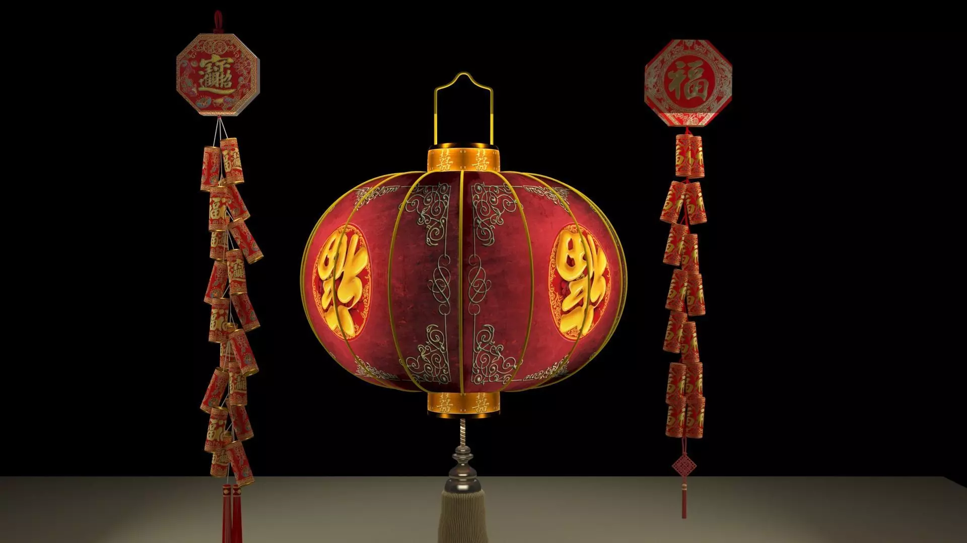 Chinese red lantern anf fire cracker 3D model_0