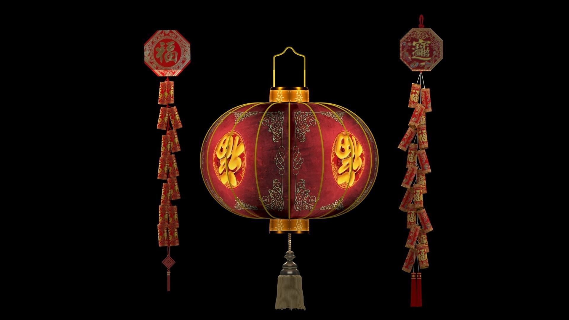 Chinese red lantern anf fire cracker 3D model_2