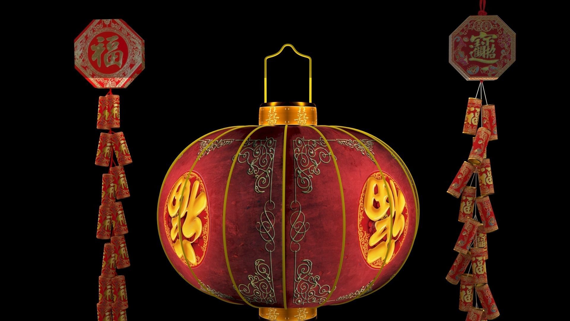 Chinese red lantern anf fire cracker 3D model_3