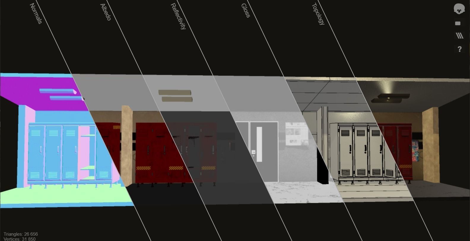 corridor locker room at night with lights Low-poly 3D model_3