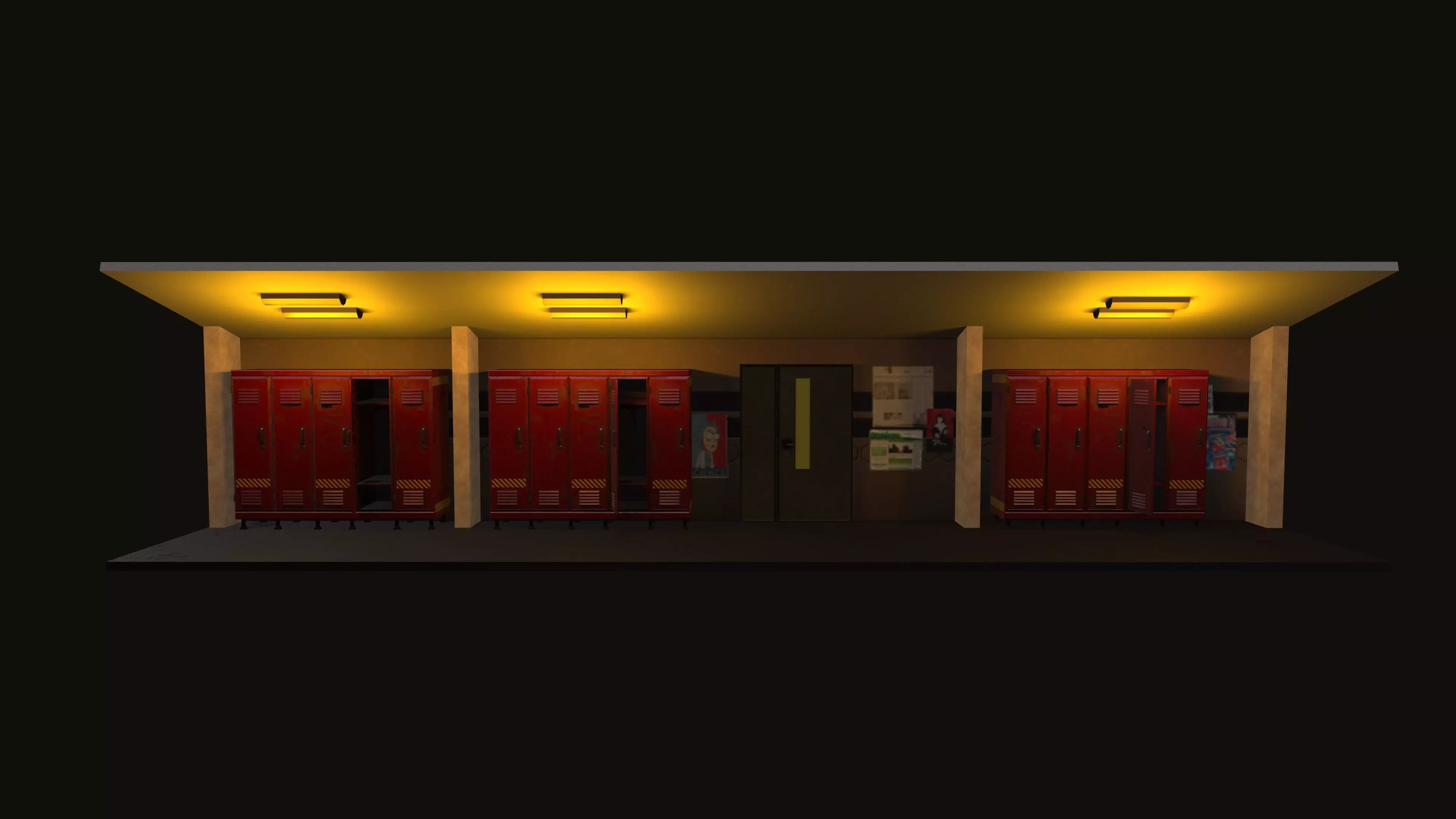 corridor locker room at night with lights Low-poly 3D model_0