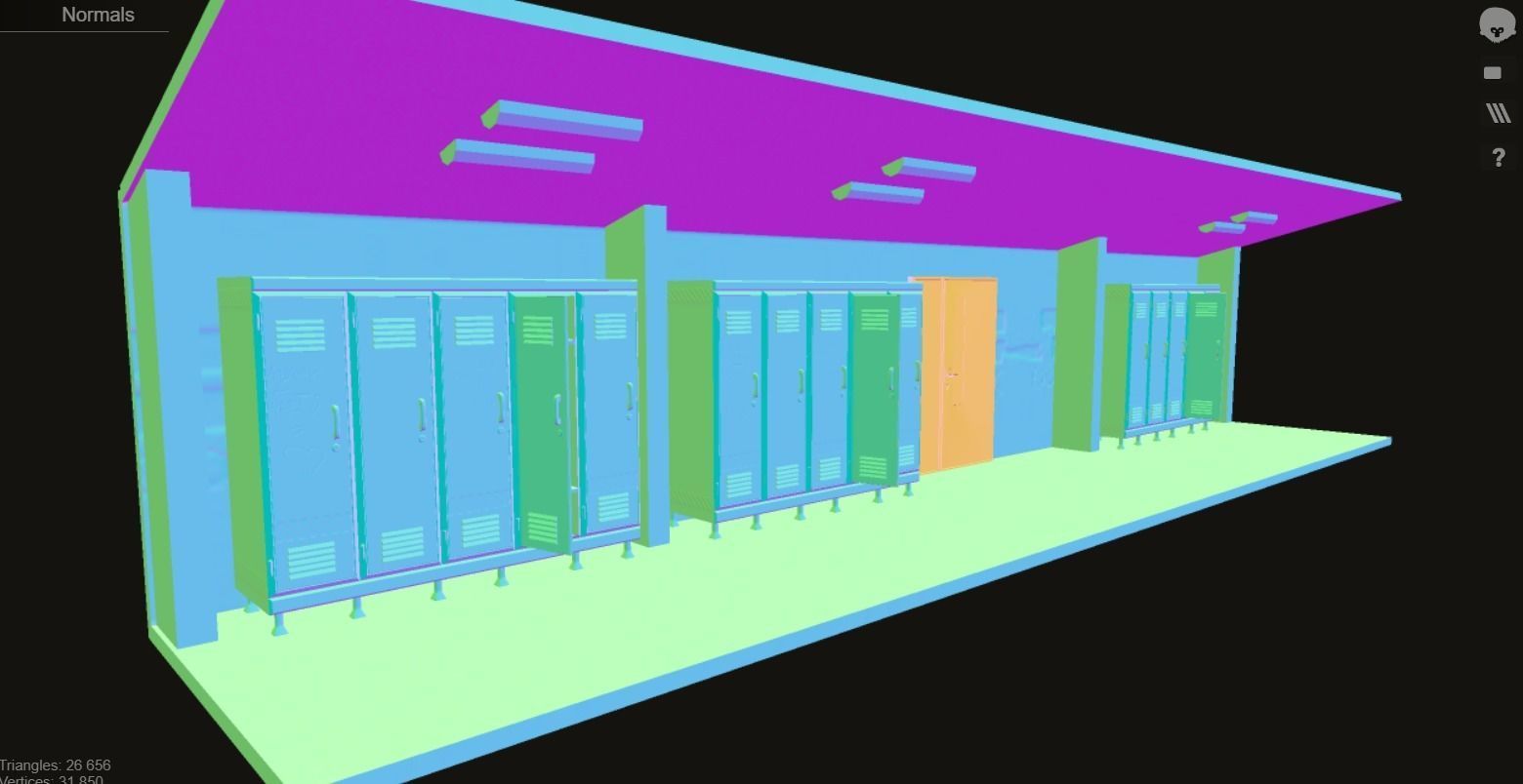 corridor locker room at night with lights Low-poly 3D model_5