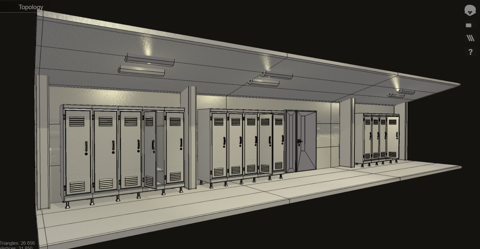 corridor locker room at night with lights Low-poly 3D model_4
