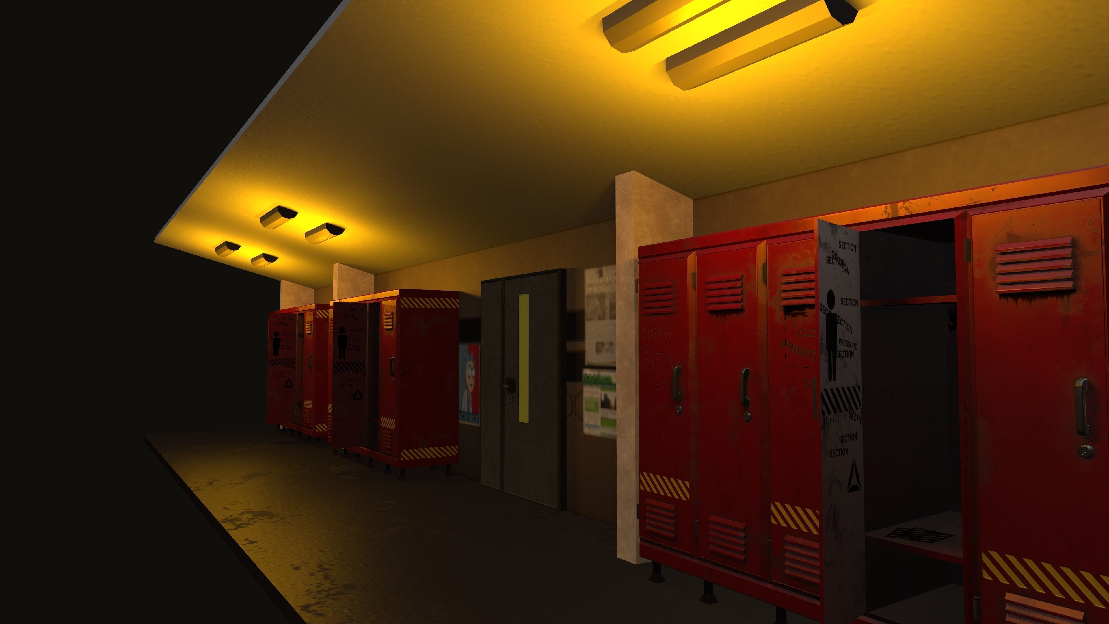 corridor locker room at night with lights Low-poly 3D model_2