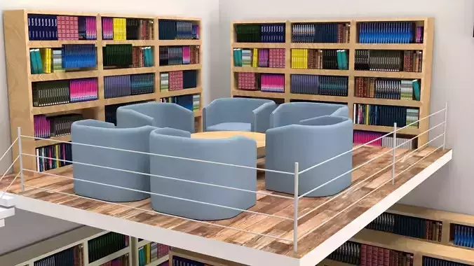 library with bookshelves and chairs 3D model