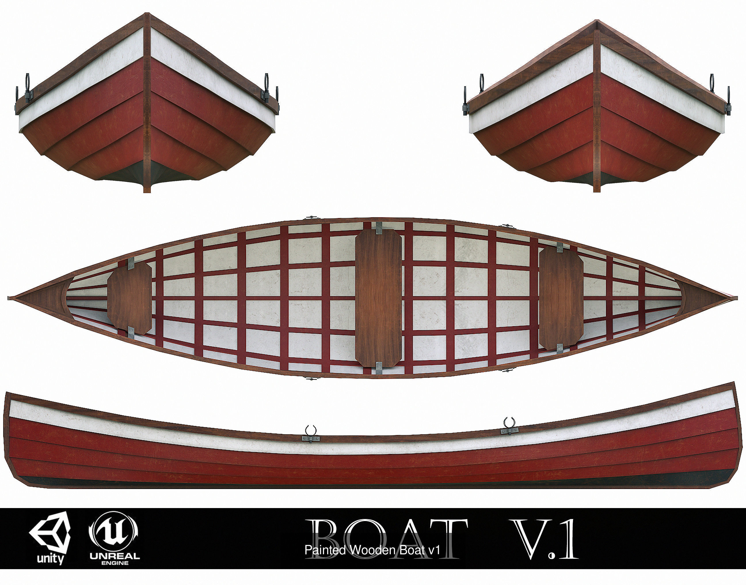 Painted Wooden Boats and Paddles 3D Model Collection_1