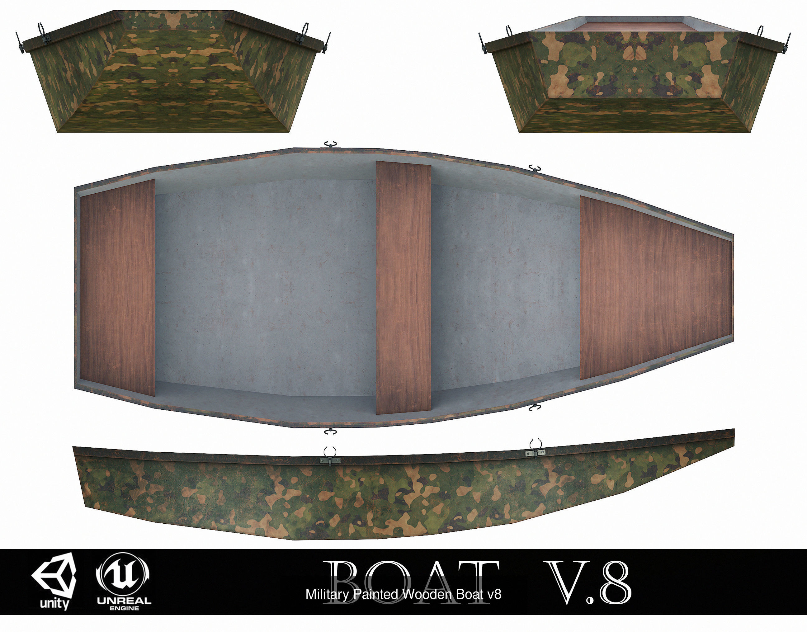 Painted Wooden Boats and Paddles 3D Model Collection_8